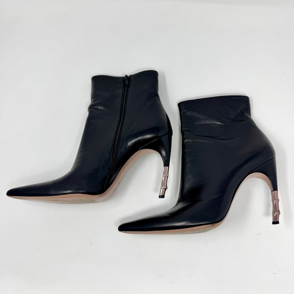 Gucci Black Goat Leather Ankle Boots with Rose Gold Metal Bamboo Heels - Picture 7 of 16